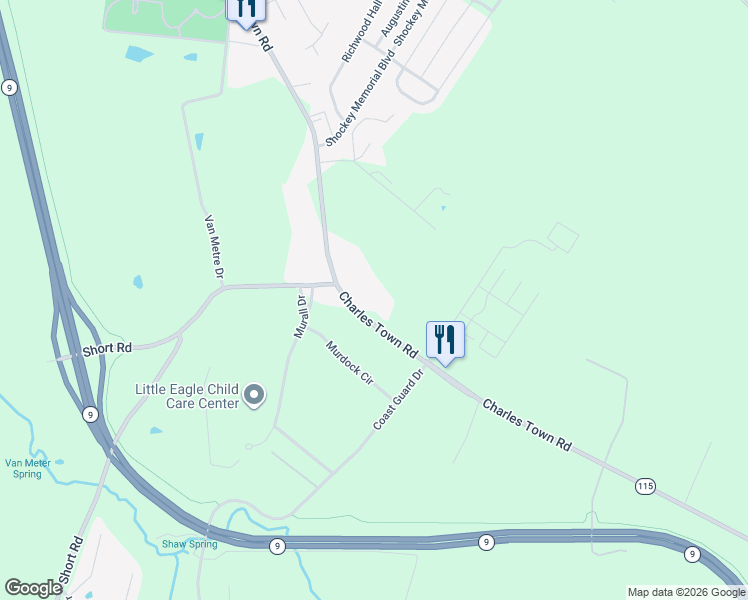 map of restaurants, bars, coffee shops, grocery stores, and more near 3801 Charles Town Road in Kearneysville