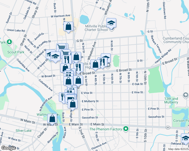 map of restaurants, bars, coffee shops, grocery stores, and more near 333 East Broad Street in Millville