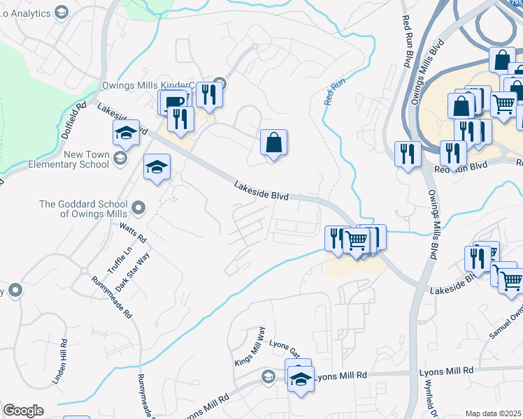map of restaurants, bars, coffee shops, grocery stores, and more near 4606 Cascade Mills Drive in Owings Mills