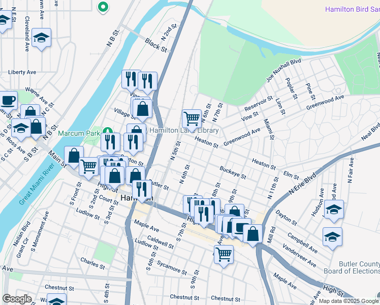 map of restaurants, bars, coffee shops, grocery stores, and more near 326 North 5th Street in Hamilton