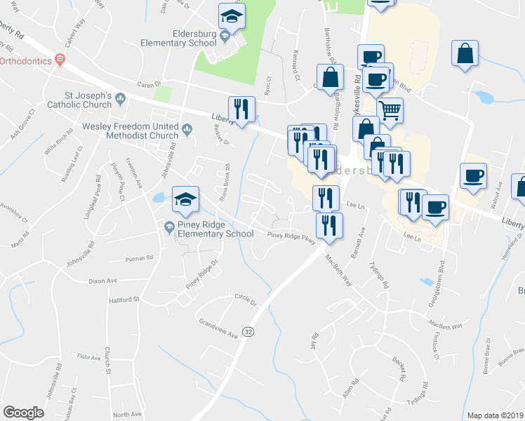 map of restaurants, bars, coffee shops, grocery stores, and more near 1131 Shortleaf Circle in Eldersburg