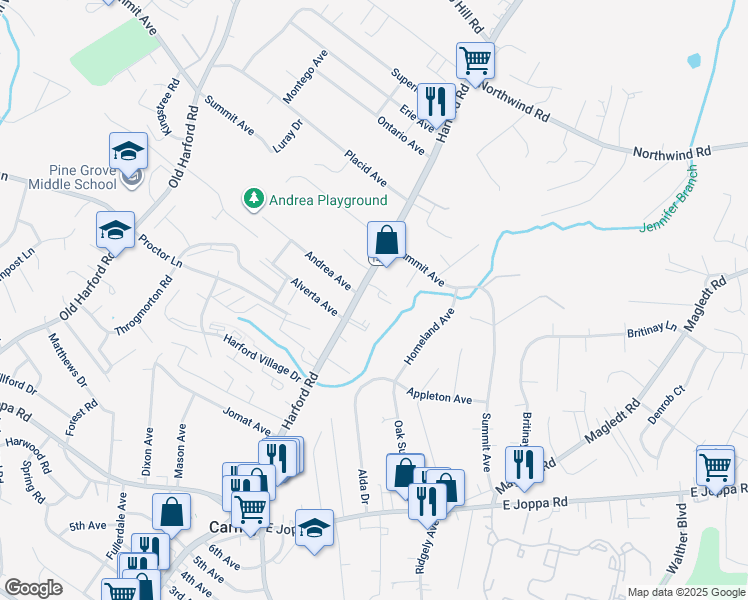 map of restaurants, bars, coffee shops, grocery stores, and more near 9833 Harford Road in Parkville