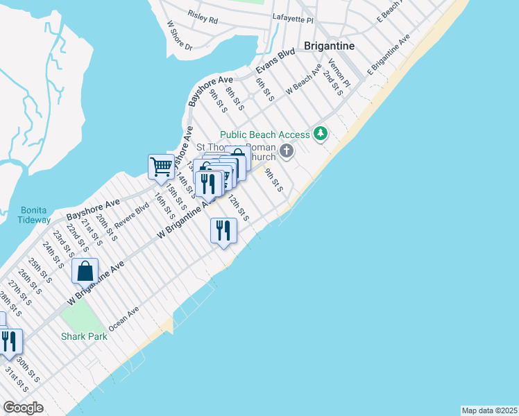 map of restaurants, bars, coffee shops, grocery stores, and more near 1001 Ocean Avenue in Brigantine