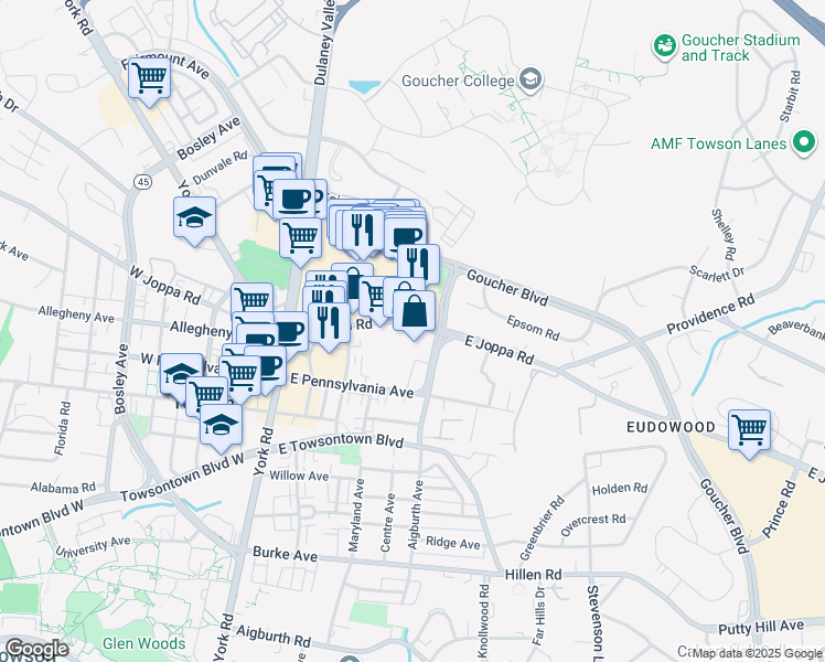 map of restaurants, bars, coffee shops, grocery stores, and more near 309 East Joppa Road in Towson