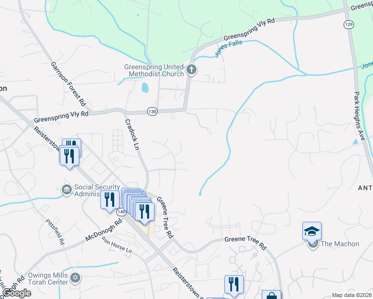 map of restaurants, bars, coffee shops, grocery stores, and more near 9 Rush Vine Court in Owings Mills