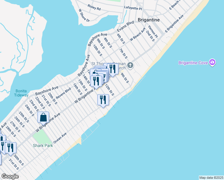 map of restaurants, bars, coffee shops, grocery stores, and more near 337 12th Street South in Brigantine