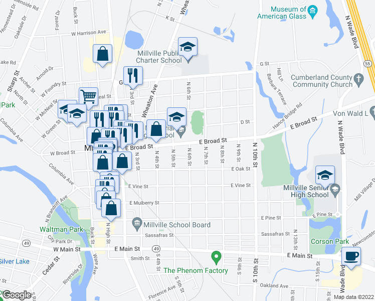 map of restaurants, bars, coffee shops, grocery stores, and more near 526 North 6th Street in Millville