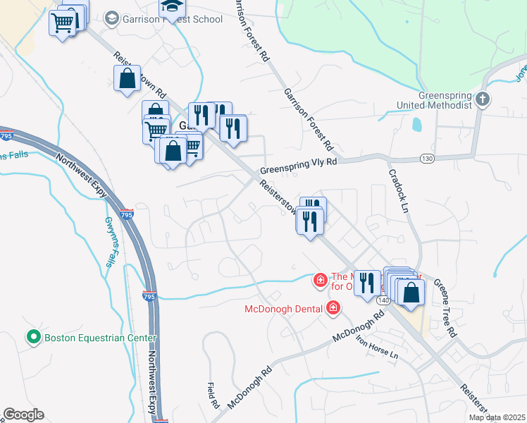 map of restaurants, bars, coffee shops, grocery stores, and more near 7907 Valley Manor Road in Owings Mills