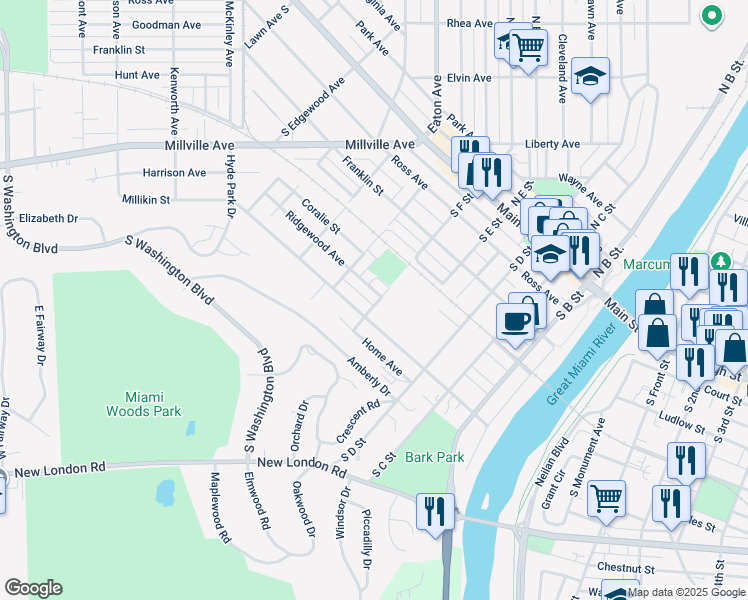 map of restaurants, bars, coffee shops, grocery stores, and more near 501 Ridgewood Avenue in Hamilton