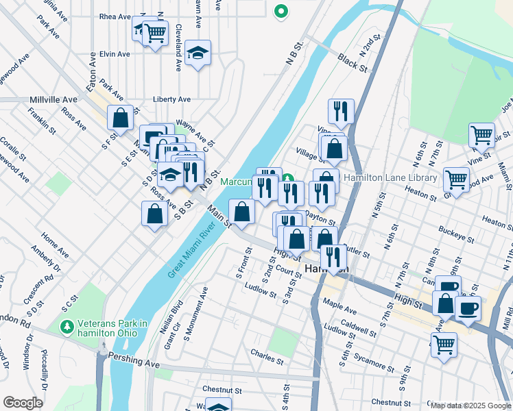 map of restaurants, bars, coffee shops, grocery stores, and more near 1 Riverfront Plaza in Hamilton