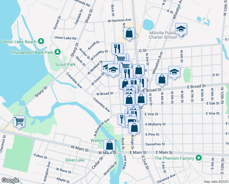 map of restaurants, bars, coffee shops, grocery stores, and more near 2 West Broad Street in Bridgeton