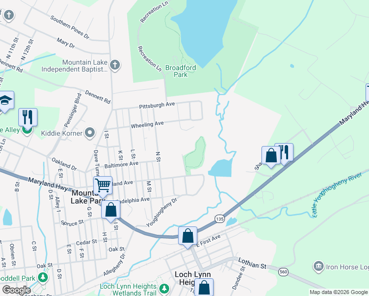 map of restaurants, bars, coffee shops, grocery stores, and more near 607 P Street in Mountain Lake Park