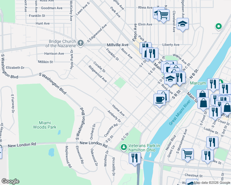 map of restaurants, bars, coffee shops, grocery stores, and more near 501 Ridgewood Avenue in Hamilton