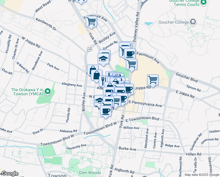 map of restaurants, bars, coffee shops, grocery stores, and more near 24 Allegheny Avenue in Towson
