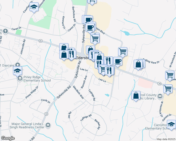 map of restaurants, bars, coffee shops, grocery stores, and more near 6300 Barnett Avenue in Eldersburg