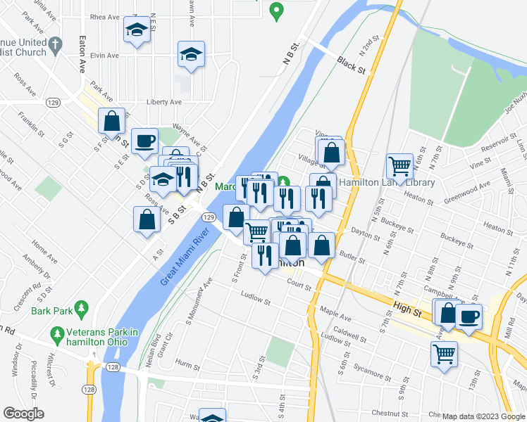 map of restaurants, bars, coffee shops, grocery stores, and more near 146 Riverfront Plaza in Hamilton