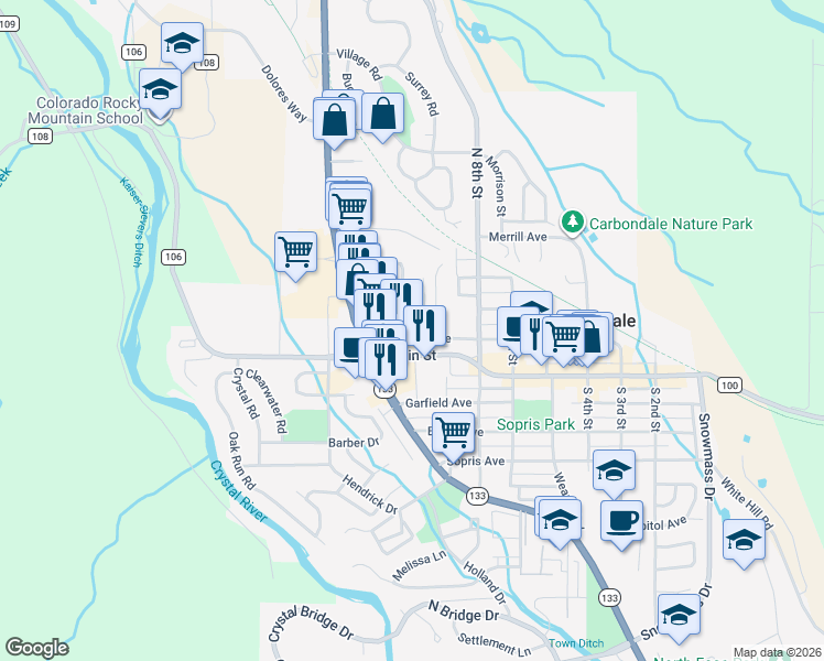 map of restaurants, bars, coffee shops, grocery stores, and more near 181 12th Street in Carbondale