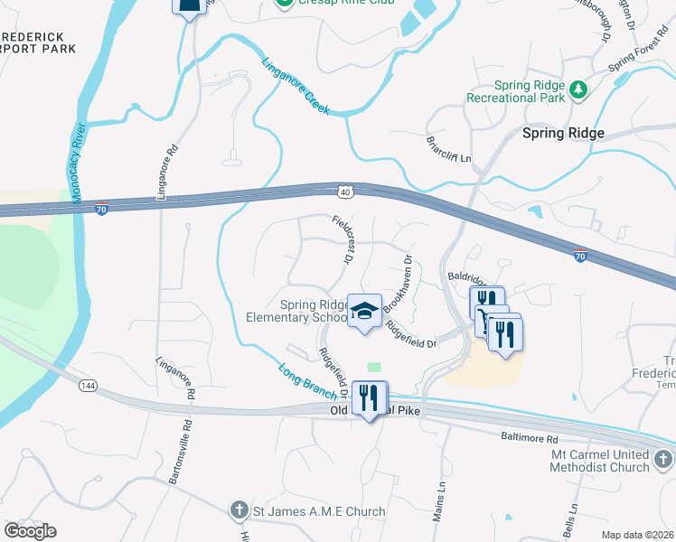 map of restaurants, bars, coffee shops, grocery stores, and more near 6106 Fieldcrest Drive in Frederick