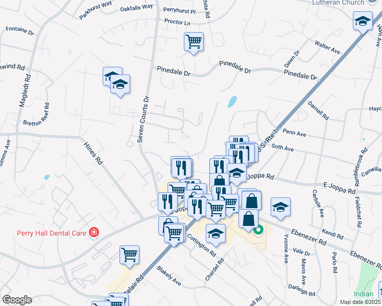 map of restaurants, bars, coffee shops, grocery stores, and more near 76 Cedar Chip Court in Parkville