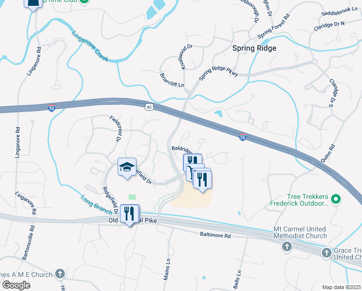 map of restaurants, bars, coffee shops, grocery stores, and more near 01 Baldridge Terrace in Frederick