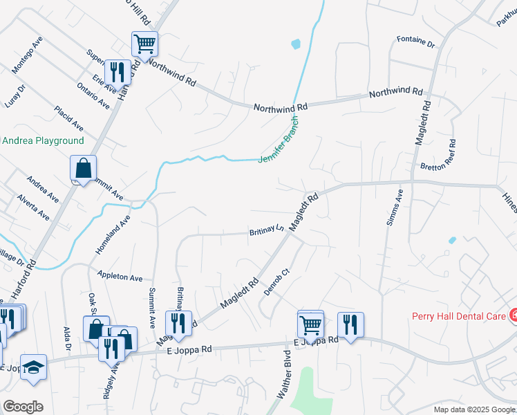 map of restaurants, bars, coffee shops, grocery stores, and more near 9936A Hilltop Drive in Parkville