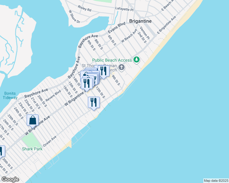 map of restaurants, bars, coffee shops, grocery stores, and more near 1001 Ocean Avenue in Brigantine