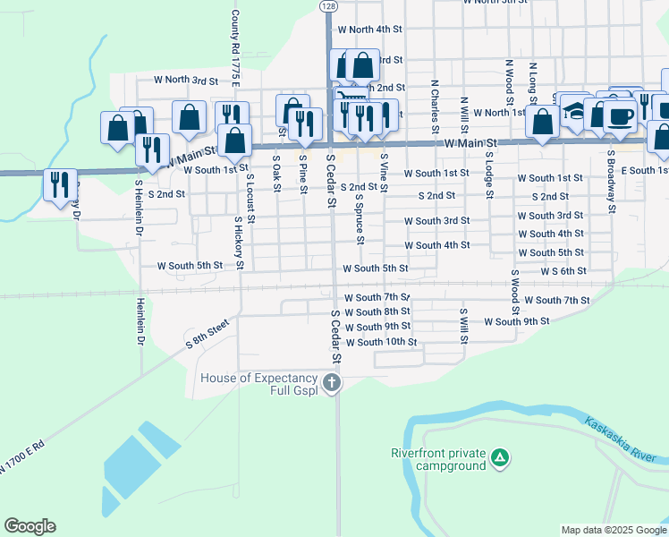 map of restaurants, bars, coffee shops, grocery stores, and more near 1199 West South 5th Street in Shelbyville
