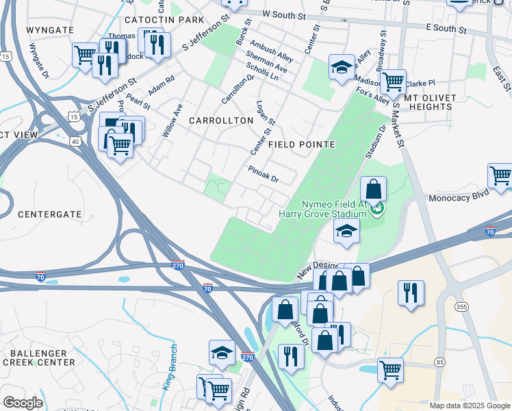 map of restaurants, bars, coffee shops, grocery stores, and more near 349 Prospect Boulevard in Frederick