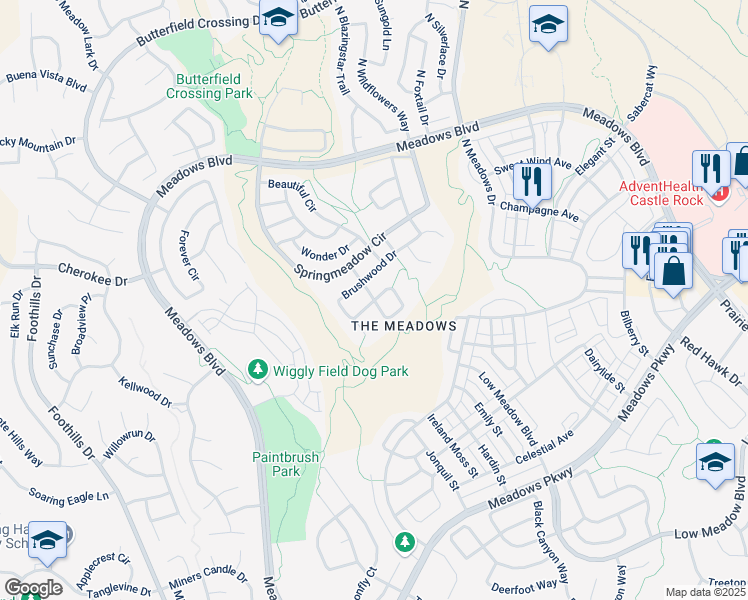 map of restaurants, bars, coffee shops, grocery stores, and more near 3391 Prairie Vista Drive in Castle Rock