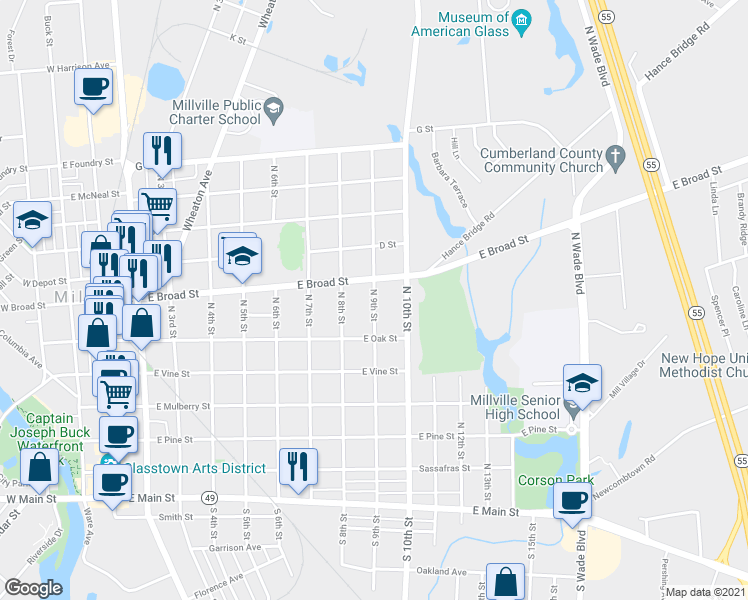 map of restaurants, bars, coffee shops, grocery stores, and more near 525 North 9th Street in Millville