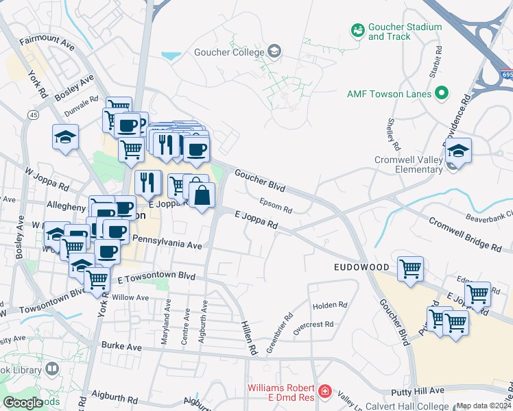 map of restaurants, bars, coffee shops, grocery stores, and more near 505 Epsom Road in Towson