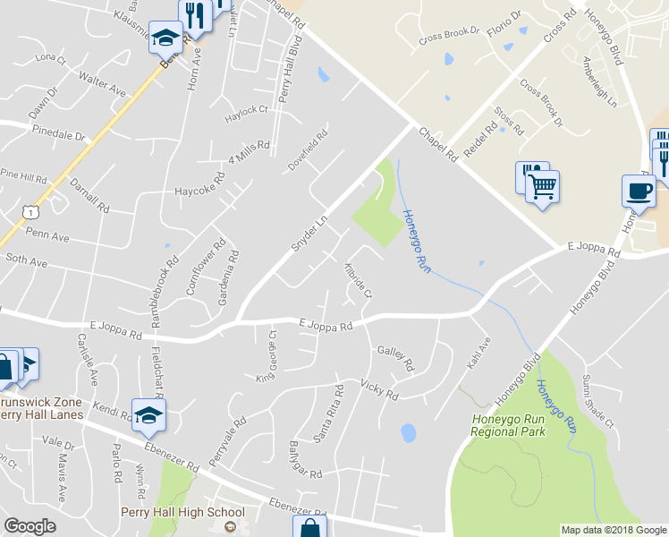 map of restaurants, bars, coffee shops, grocery stores, and more near 9213 Sandra Park Road in Perry Hall