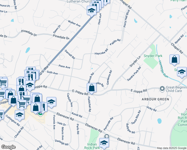 map of restaurants, bars, coffee shops, grocery stores, and more near 9209 Ramblebrook Road in Perry Hall