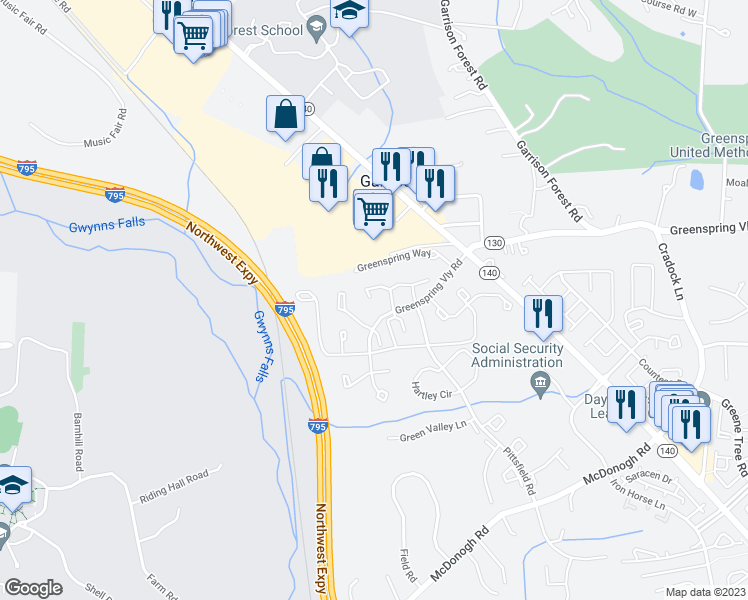 map of restaurants, bars, coffee shops, grocery stores, and more near 19 Championship Court in Owings Mills