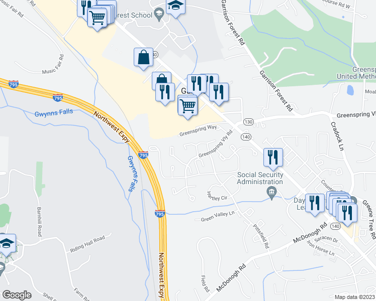 map of restaurants, bars, coffee shops, grocery stores, and more near 3 Championship Court in Owings Mills