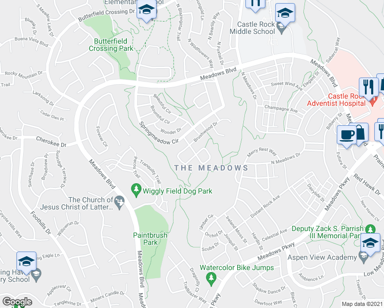map of restaurants, bars, coffee shops, grocery stores, and more near 3457 Chaffee Way in Castle Rock