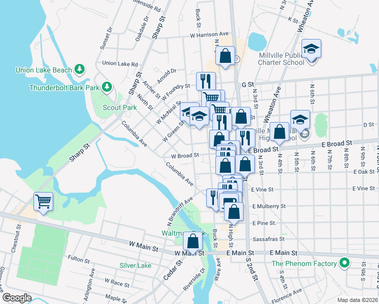 map of restaurants, bars, coffee shops, grocery stores, and more near 106 West Broad Street in Millville