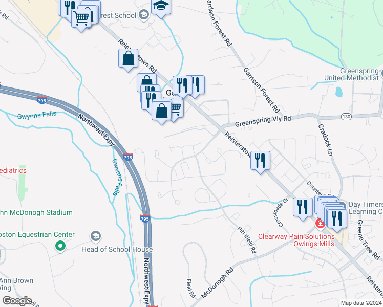map of restaurants, bars, coffee shops, grocery stores, and more near 2 Coach House Drive in Owings Mills