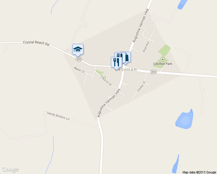 map of restaurants, bars, coffee shops, grocery stores, and more near 136 Church St in Cecilton