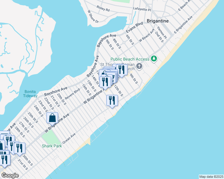 map of restaurants, bars, coffee shops, grocery stores, and more near 313 13th Street South in Brigantine