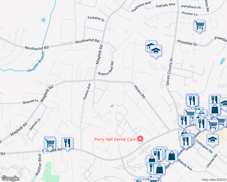 map of restaurants, bars, coffee shops, grocery stores, and more near 8 Amys Way Court in Parkville