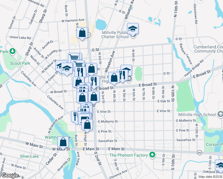 map of restaurants, bars, coffee shops, grocery stores, and more near 327 East Broad Street in Millville