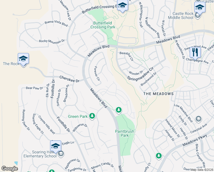 map of restaurants, bars, coffee shops, grocery stores, and more near 4037 Sandia Trail in Castle Rock