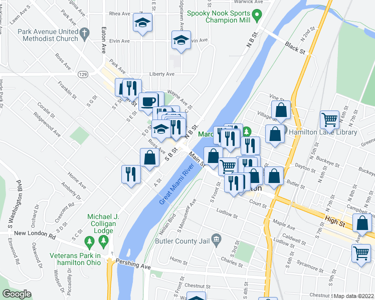 map of restaurants, bars, coffee shops, grocery stores, and more near 1 Main Street in Hamilton