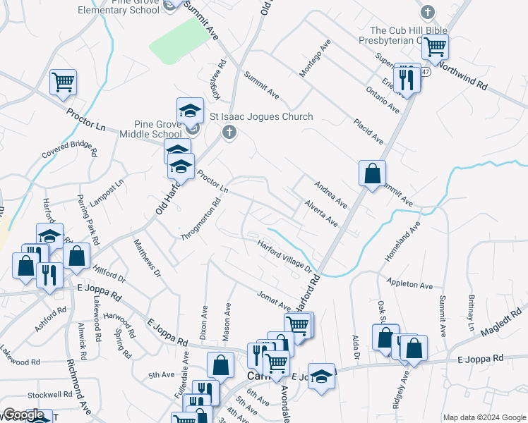 map of restaurants, bars, coffee shops, grocery stores, and more near 45 Luddy Court in Parkville
