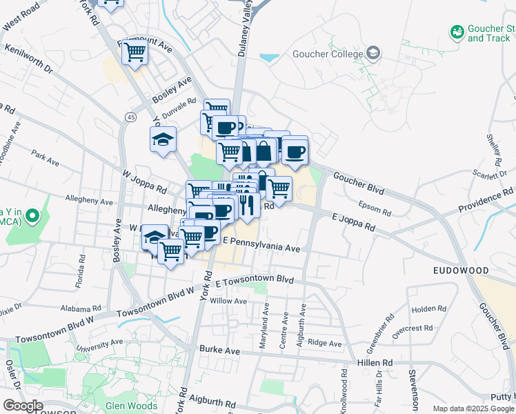 map of restaurants, bars, coffee shops, grocery stores, and more near East Joppa Road & Virginia Avenue in Towson
