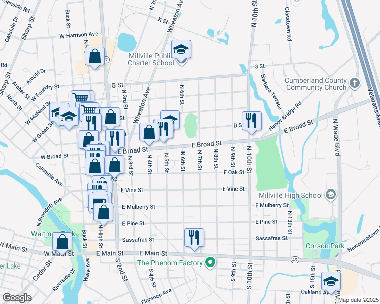 map of restaurants, bars, coffee shops, grocery stores, and more near 526 North 6th Street in Millville