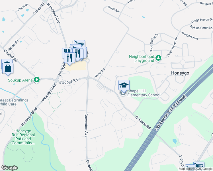 map of restaurants, bars, coffee shops, grocery stores, and more near 5122 East Joppa Road in Perry Hall