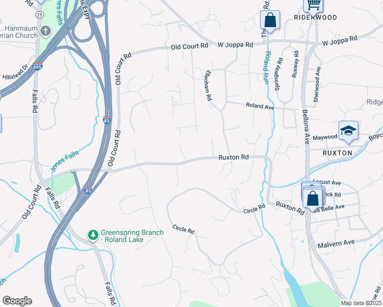 map of restaurants, bars, coffee shops, grocery stores, and more near 1914 Ruxton Road in Towson
