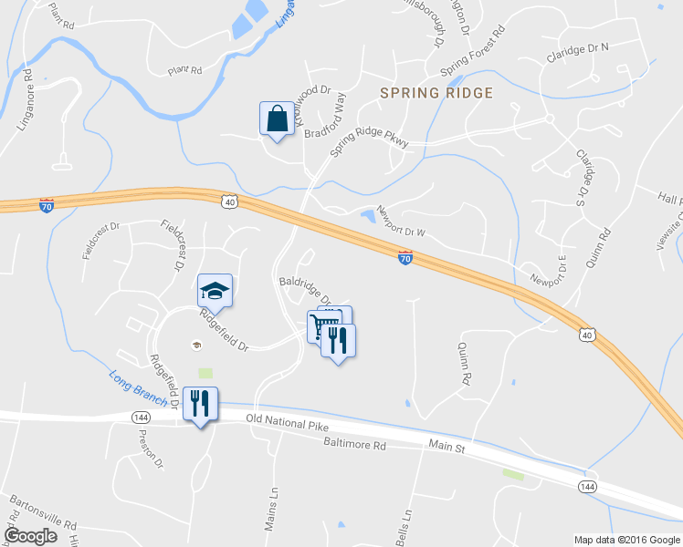 map of restaurants, bars, coffee shops, grocery stores, and more near 6127 Baldridge Circle in Frederick